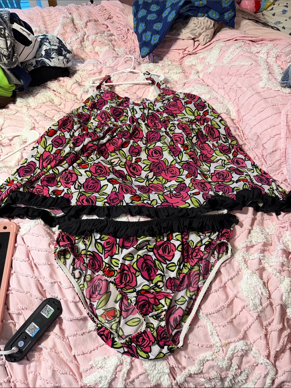 Cacique Pink Rose Print Girls One-Piece Swimsuit with Black Ruffle